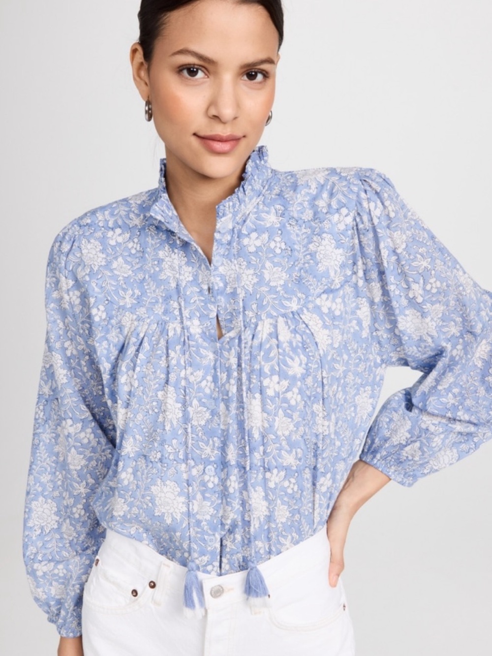 Marea Georgia Top Light Blue Floral Peasant Blouse